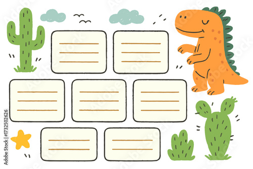 Kids weekly planner with cute dinosaur. Childish schedule design template. Organizer timetable with dino and cactus in doodle style. Vector cartoon printable to do list note.