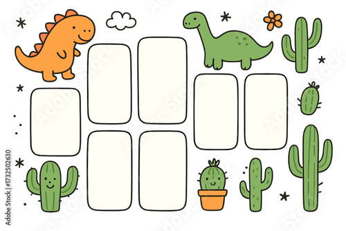 Cute weekly planner for kids with dinosaur and cactus. Childish doodle schedule and timetable template. Organizer for school children. Funny dino and cacti cartoon vector.