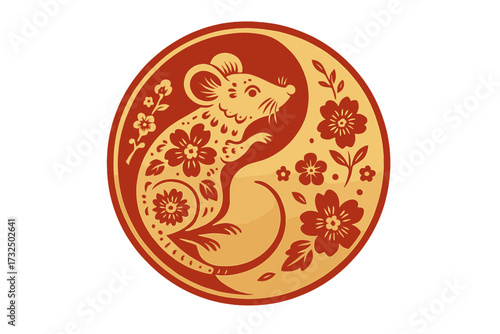 Year of the Rat, Chinese zodiac animal. Red gold papercut mouse in yin yang symbol. Lunar New Year concept with floral decoration. Oriental traditional craft style vector art.