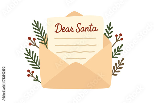 Christmas letter to Santa Claus in open envelope. Festive xmas mail decorated with fir branches. Holiday greeting card with wish list. Dear Santa lettering. Vector concept.