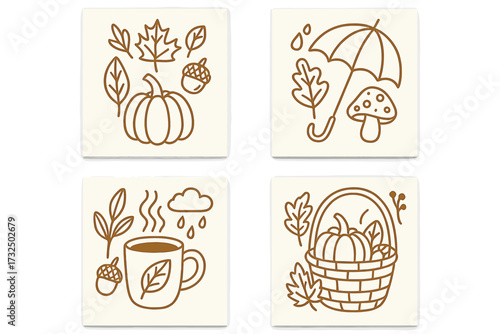 Set of 4 autumn line art concepts. Fall season vector illustration collection for greeting cards or posters. Includes pumpkin, cozy drink, rain umbrella, and harvest basket.