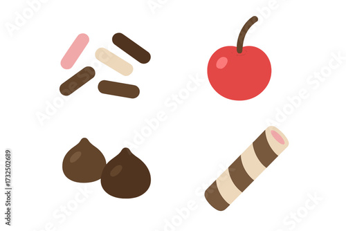 Colorful assortment of sweet dessert toppings including sprinkles, chocolate chips, a red cherry, and a striped wafer roll