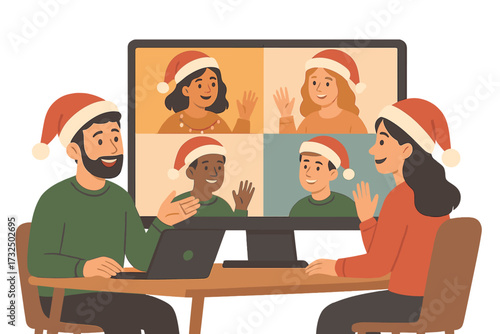 Christmas party video call. People in Santa hats celebrating online. Virtual team meeting and family chat during winter holidays. Remote web communication concept. Vector.