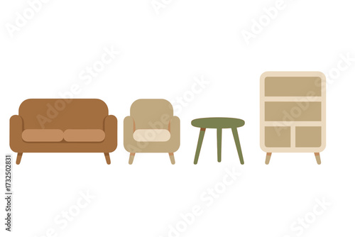 Modern living room furniture set featuring a comfortable sofa, armchair, side table, and storage cabinet