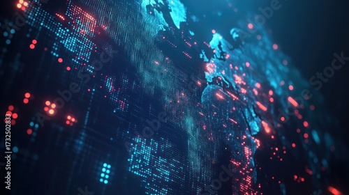 Digital world map with data points glowing networks and technology