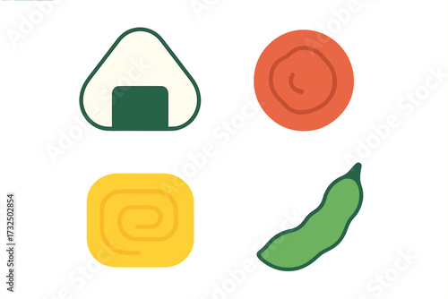 Collection of essential Japanese culinary items such as onigiri, tamagoyaki, umeboshi, and edamame
