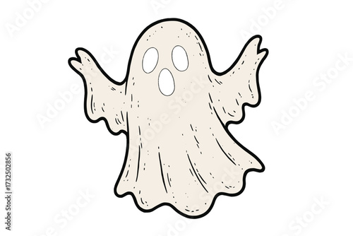 Flying ghost character for Halloween. Cute spooky spirit for greeting card or banner. Hand drawn vector cartoon illustration. Scary phantom, ghoul or poltergeist creature.