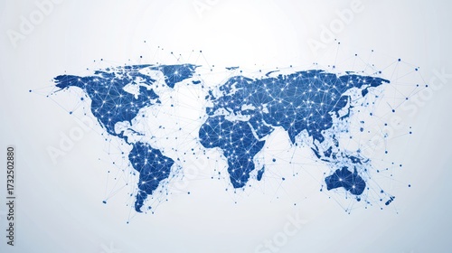 Blue digital world map with connection lines over white background
