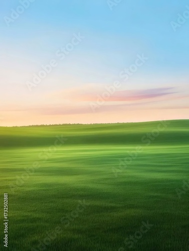 緑の丘陵地帯 ピンクの夕焼け空と静かな風景