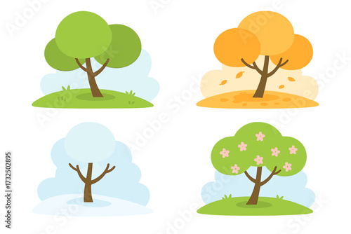 Four seasons tree collection. Summer, autumn, winter, and spring landscape icons. Natural year cycle concept with seasonal weather changes. Flat cartoon vector illustration.