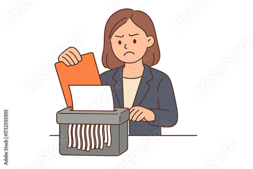 Angry office worker shredding documents. Unhappy business woman destroying papers. Concept of confidential information, data security, evidence destruction, mistake, termination.
