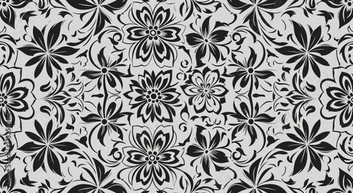 Floral pattern black blooms on light gray ground, repeat design