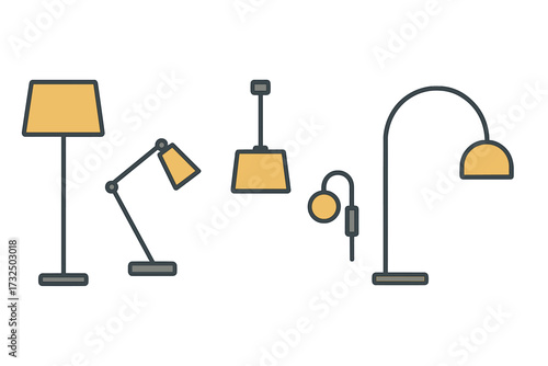 Modern home lighting fixtures collection with floor, desk, and pendant lamps for interior design concepts and residential spaces