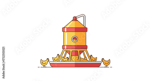Minimalist chicken feeder illustration with chickens pecking grain seeds