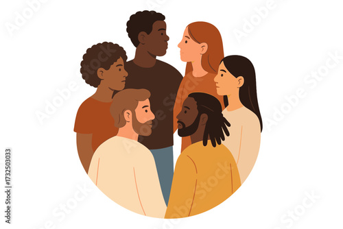 Group of diverse people standing together in a circle. Multicultural community. Concept of racial equality, unity, and anti-racism. Teamwork and togetherness. Flat vector.