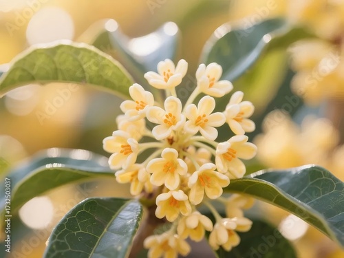 黄色のキンモクセイの花のクローズアップとグリーンの葉
