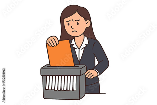Unhappy office worker shredding documents. Business woman destroying evidence in paper shredder. Concept of confidentiality, data protection, termination, mistake, security.