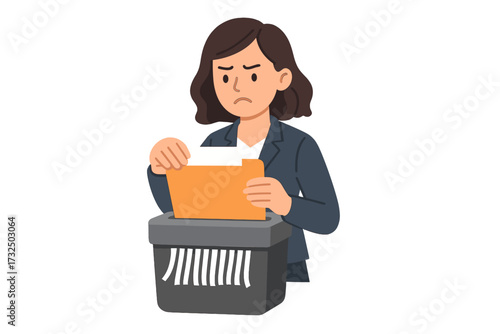 Unhappy office worker shredding documents. Businesswoman destroying files. Concept of data protection, privacy, confidentiality, security, error, hiding evidence and GDPR.