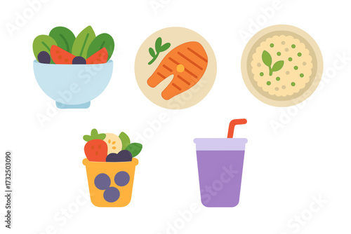 Assortment of healthy balanced meal options including fresh salad, grilled salmon, fruit, and smoothie