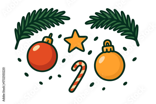 Christmas holiday decoration set with spruce twigs, baubles, candy cane, star. Festive winter collection of isolated vector elements for greeting cards and posters design.