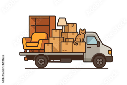 Moving day concept with truck full of home stuff. Relocation with furniture, cardboard boxes and pet cat. Delivery service vehicle side view. Vector flat illustration isolated.