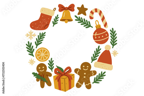 Christmas holiday wreath frame with cute festive icons. Hand drawn vector elements for greeting card. Winter design with gingerbread man, candy cane, gift, stocking, bell.