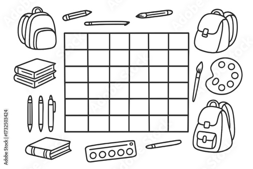 School timetable schedule template. Weekly lesson planner for students. Back to school supplies, backpack, books, pencils. Doodle outline vector for a coloring page chart.