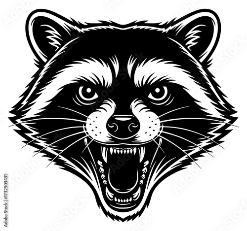 Aggressive Raccoon Head Mascot, Raccoon, head, aggressive, mascot, black and white