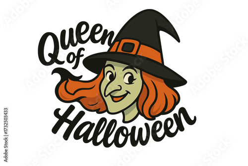 Queen of Halloween lettering sign. Vector illustration of a cartoon witch head in a hat. Halloween print for poster, invitation, or banner. Spooky retro mascot character.