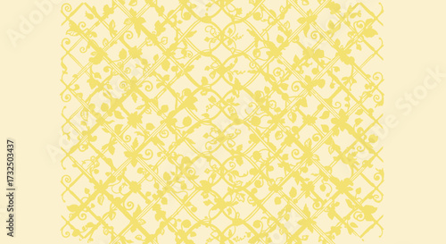 Floral trellis design in pale yellow with ornate, vintage style elements