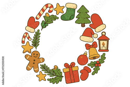 Christmas wreath frame with cute holiday icons. Hand drawn vector illustration for greeting card. Winter celebration design elements. Textured cartoon doodle border with copy space.