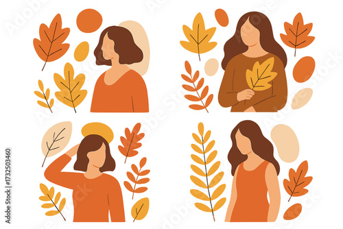 Set of 4 abstract woman portraits with autumn leaves. Fall season concept illustration. Modern flat collage style vector art. Hand drawn graphic elements for card or poster.
