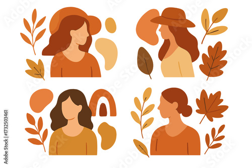 Set of 4 abstract woman portraits with autumn leaves. Modern vector collage with organic shapes. Hand-drawn fall aesthetic for contemporary design, prints, and social media.