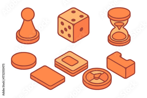 Isometric board game elements set including a pawn, dice, hourglass, playing cards, and various tokens