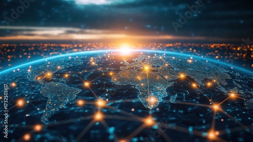 Digital world map with illuminated connections over earth against sunrise