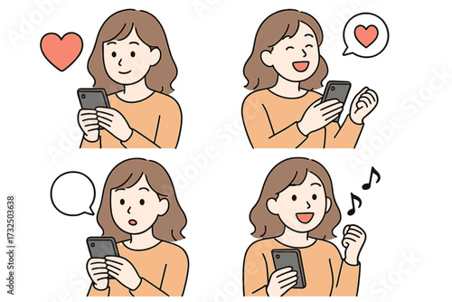 Vector illustration set of a young woman using a smartphone with various emotions. Character collection for social media, mobile chat, and online dating. Happy, love, surprised female.