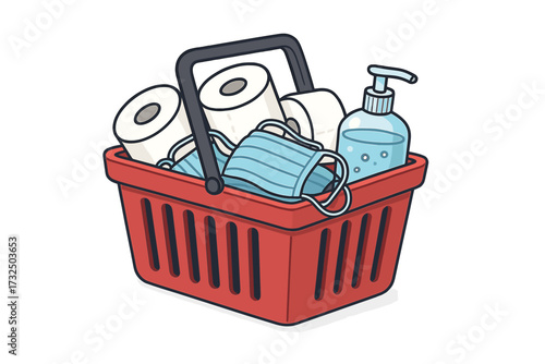 Shopping basket with shortage goods. Panic buying, hoarding during pandemic. Toilet paper, medical face masks, hand sanitizer. Coronavirus, covid-19 quarantine supply concept.
