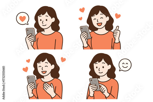 Set of a woman using a smartphone showing positive emotions. Concepts of social media likes, online dating, good news, and communication. Happy girl with phone giving thumbs up.