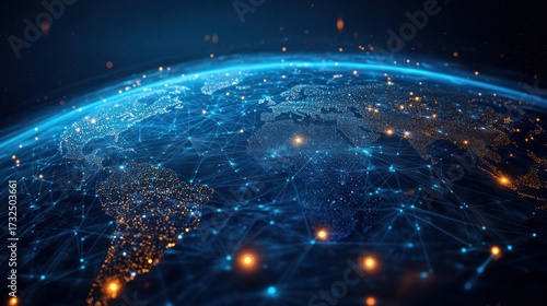 Digital earth global network connections over illuminated planet sphere