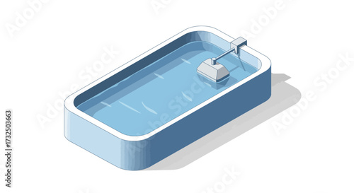 Stylized illustration of a blue water tank with automated water control