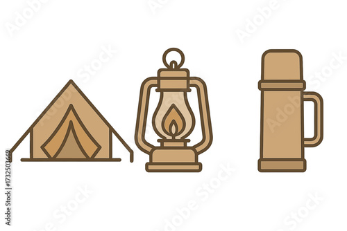 Essential camping gear set featuring a classic tent, old-fashioned lantern, and insulated thermos for outdoor adventure