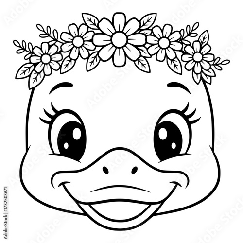 Cute Cartoon Duck Face with Flower Crown, duck, cartoon, cute, flower, animal