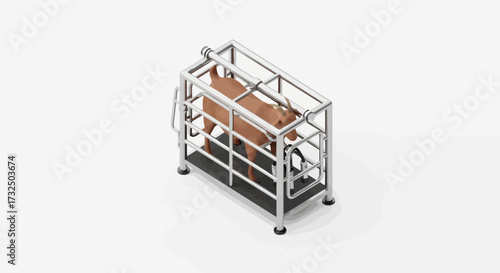 Stylized Illustration of a Bull in a Restraint Cage on a White Background