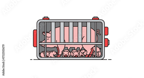 Stylized illustration depicting pigs confined within a restrictive cage structure