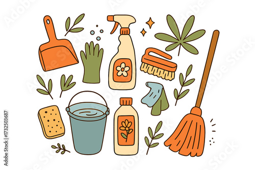 Spring cleaning concept with house cleanup tools. Set of flat hand drawn vector icons. Housekeeping supplies like broom, bucket, spray, and gloves. Cartoon doodle illustration.