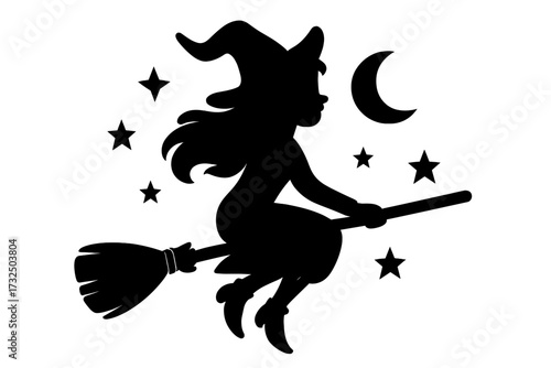 Witch flying on broomstick silhouette. Halloween vector graphic. Spooky girl on a broom with moon and stars. Magic fantasy character icon for t-shirt print or sticker design.