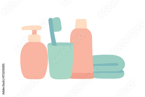 Minimalist personal hygiene items for bathroom use including soap dispenser, toothbrush, toothpaste, and towel