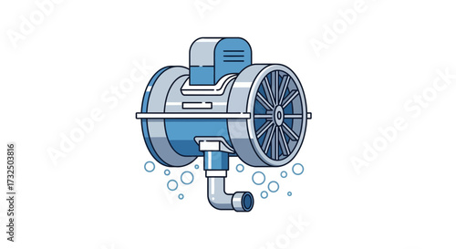 Stylized water filtration unit illustration with bubble details around it