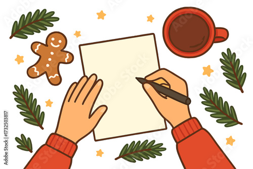 Writing a Christmas letter to Santa Claus wish list. Festive holiday scene, top view flat lay with hands, paper, gingerbread man, fir branches. Vector illustration mockup.