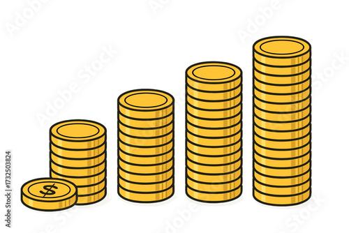 Gold coin stacks in a growth chart. Financial success and profit. Metaphor for investment, savings, wealth, and economy. Vector illustration of a money pile with a dollar sign.